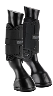 Side view of a black pair of Stubben Hybrid Cross County Front Boots on horse leg models on a white background