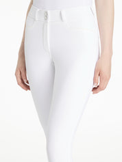 Close-up of LeMieux Isabelle Full Seat Breeches in White showing front waistband, button closure, and front pockets