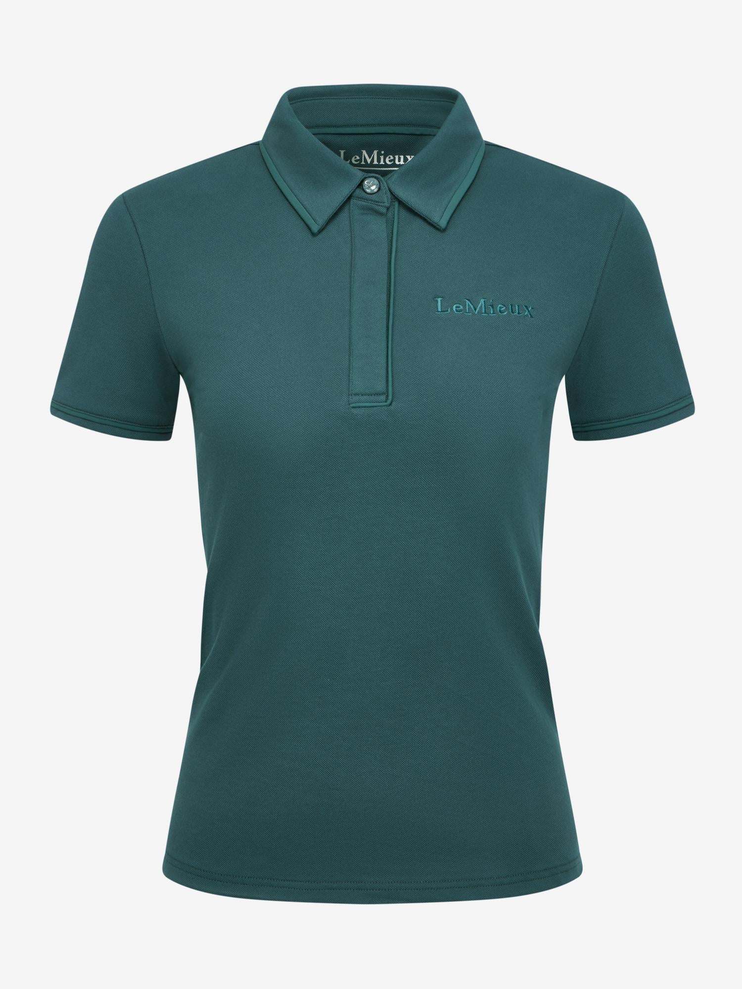 LeMieux Pixie polo shirt in jungle green with short sleeves, pointed collar, partial button placket, and embroidered LeMieux logo on the chest, shown on a white background.