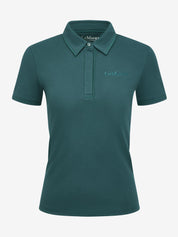 LeMieux Pixie polo shirt in jungle green with short sleeves, pointed collar, partial button placket, and embroidered LeMieux logo on the chest, shown on a white background.