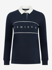 LeMieux Rochelle rugby shirt in navy featuring a white collar, long sleeves with ribbed cuffs, white piping across the chest, and “LEMIEUX” lettering centered on the front against a light gray background.