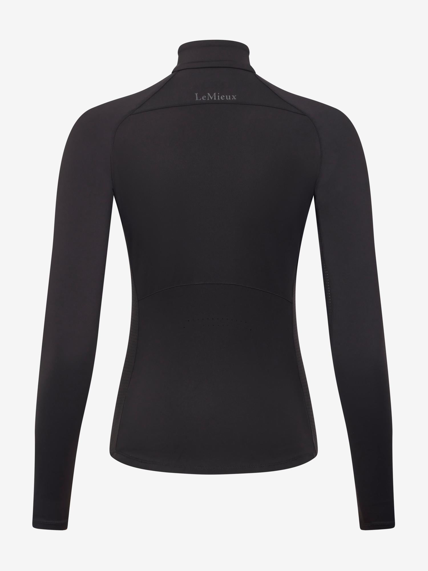 Back view of the LeMieux Airflow Long Sleeve Base Layer in black showing a high collar, long sleeves, curved seam detailing, and LeMieux logo at the upper back against a white background.