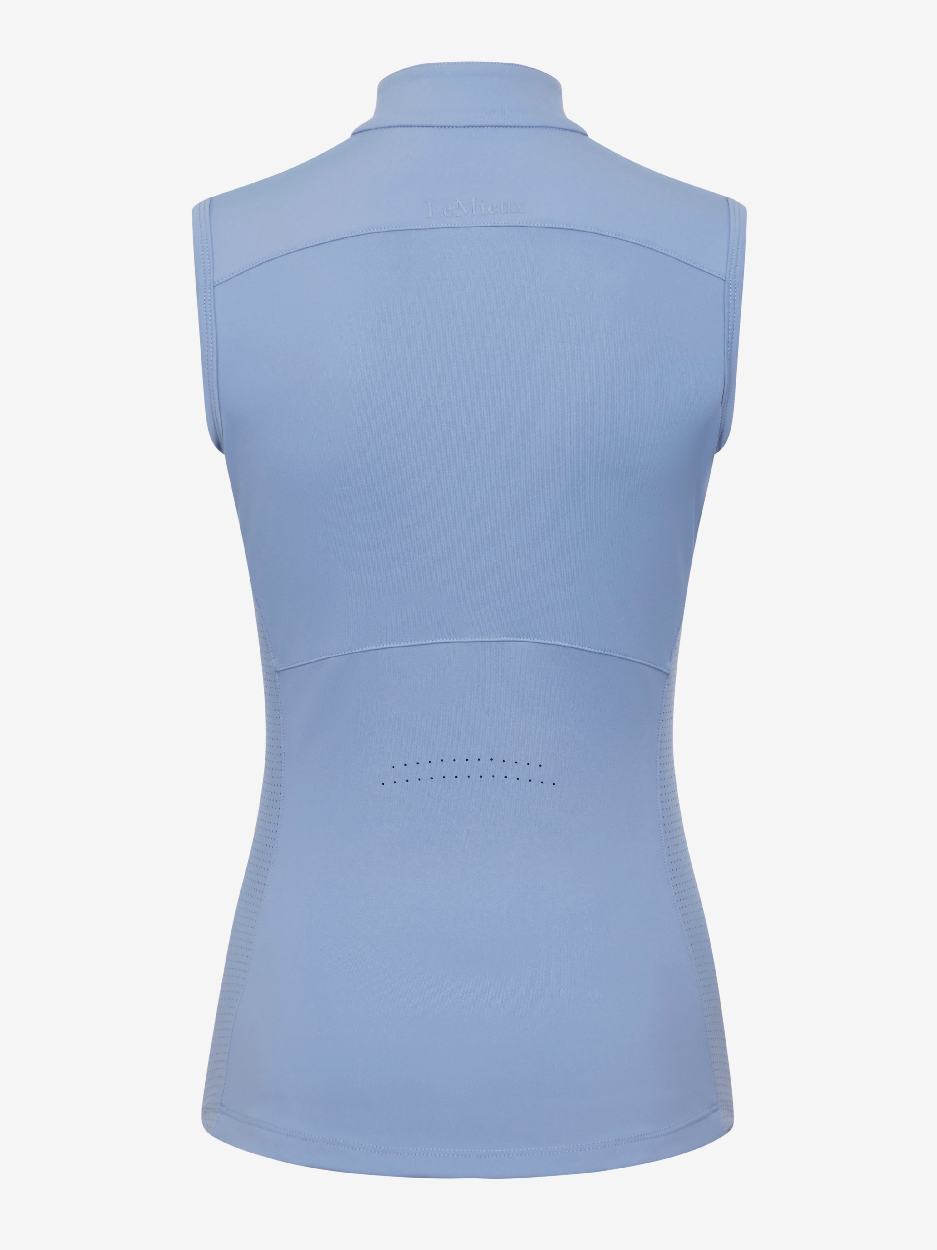Back view of the LeMieux Airflow sleeveless base layer in powder blue showing a high collar, curved seam panels, and a small perforated section at mid-back on a white background.