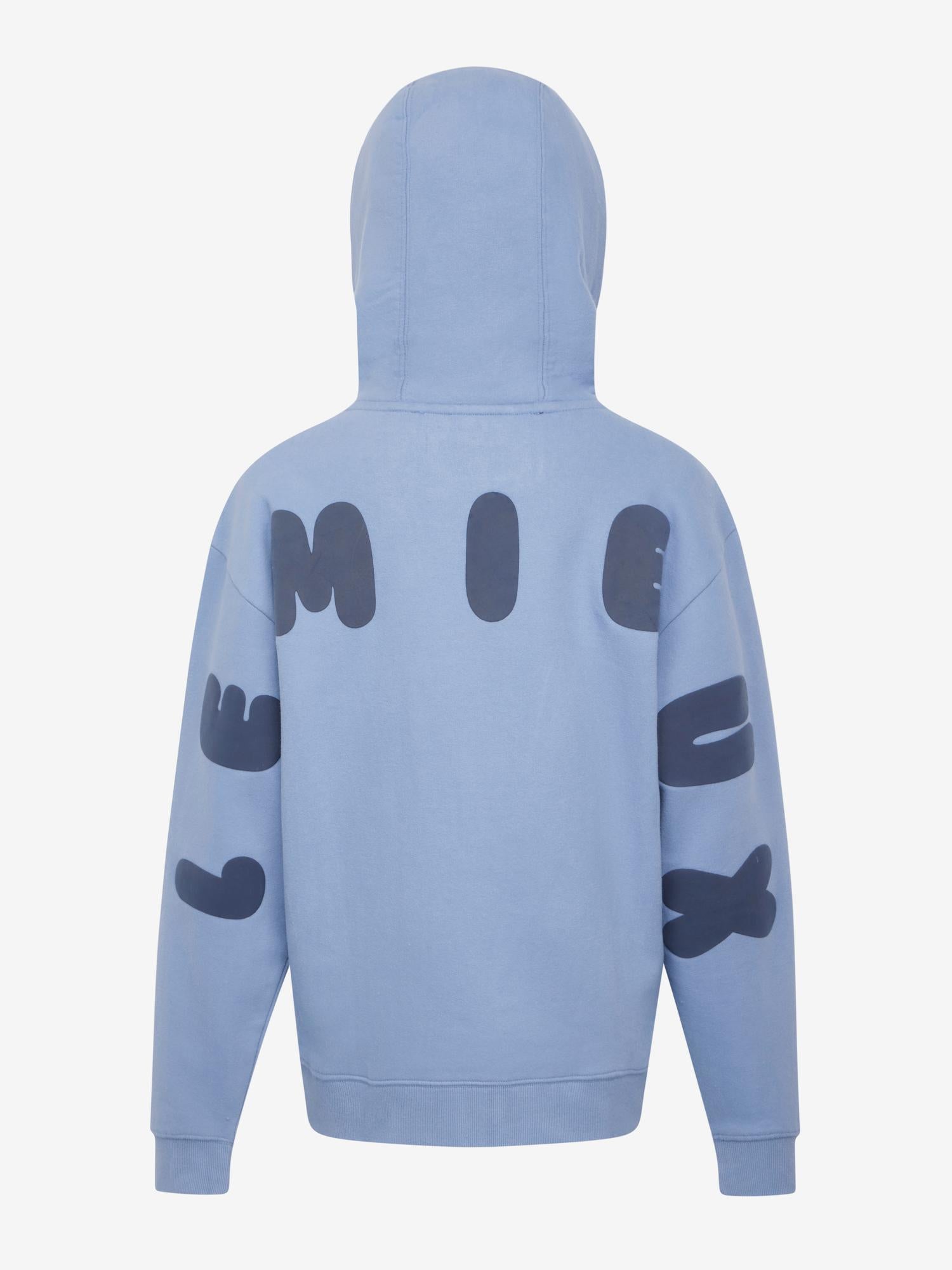 Back view of LeMieux Young Rider Sia Hoodie in powder blue with hood up and oversized LeMieux lettering on sleeves and back