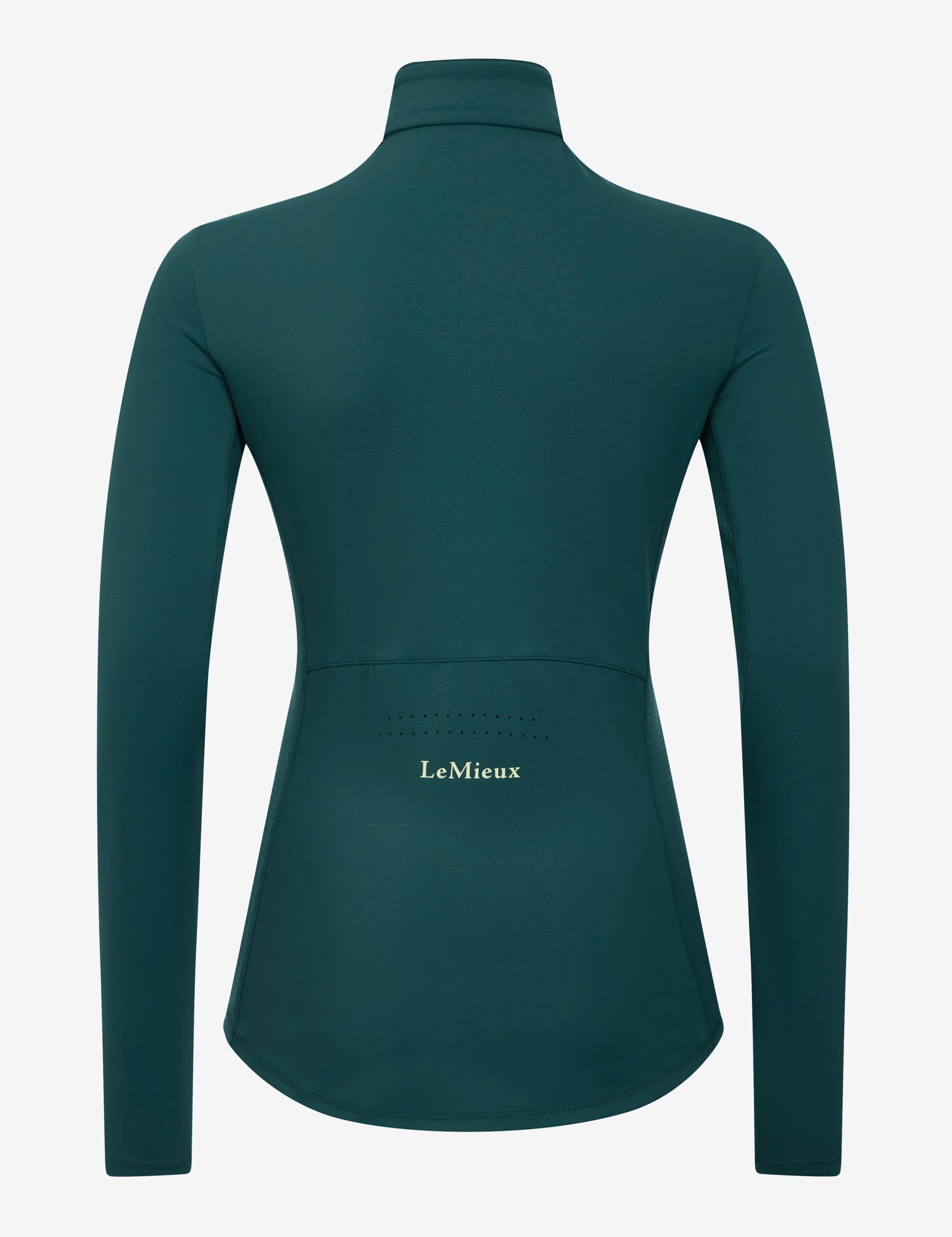 Back view of LeMieux Young Rider Airflow Base Layer in Jungle showing high collar and LeMieux logo on lower back