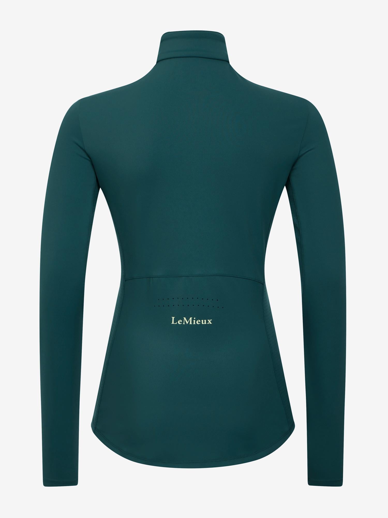 Back view of LeMieux Young Rider Airflow Base Layer in Jungle showing high collar and LeMieux logo on lower back