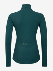 Back view of LeMieux Young Rider Airflow Base Layer in Jungle showing high collar and LeMieux logo on lower back
