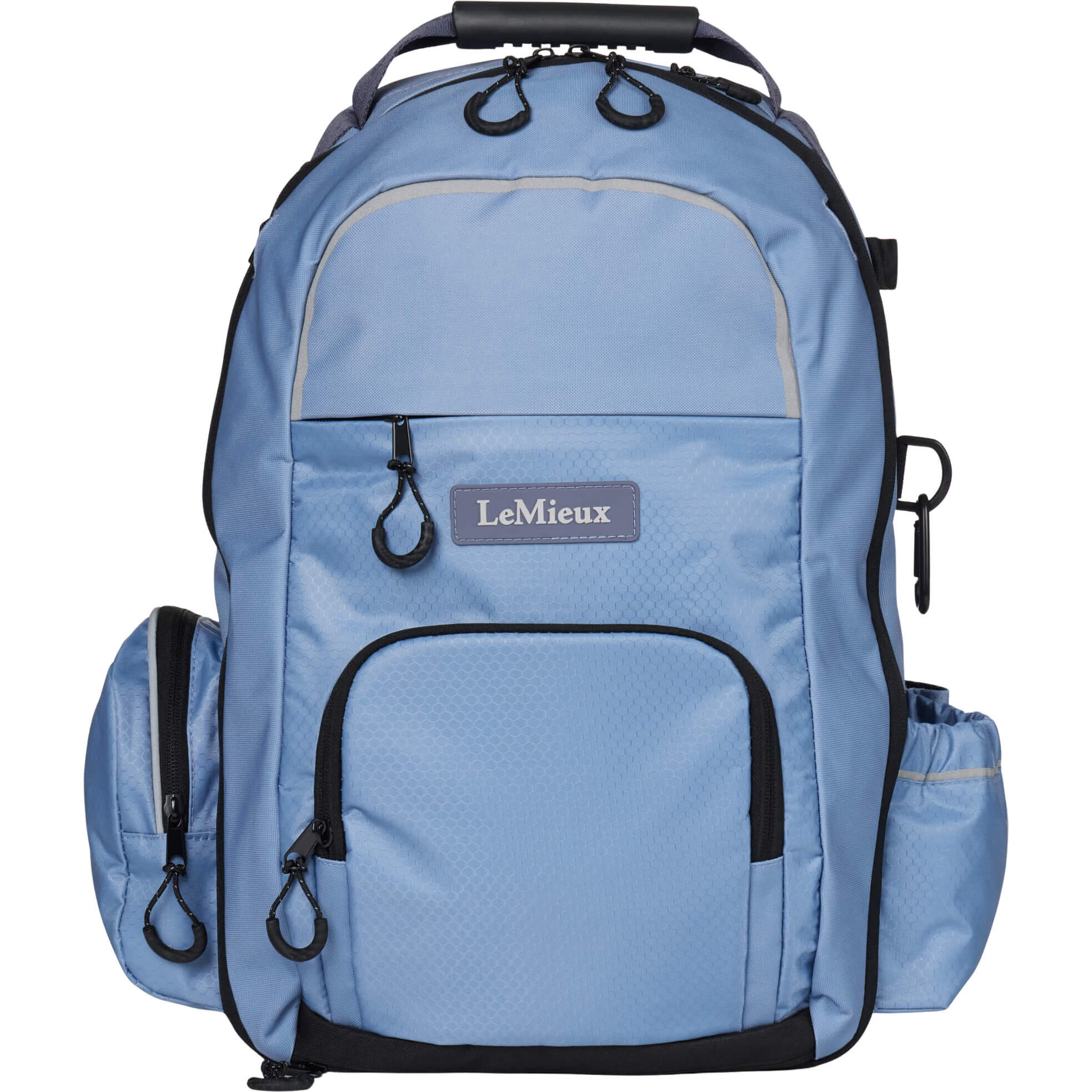 Front view of the powder blue LeMieux Pro Rucksack on a white background