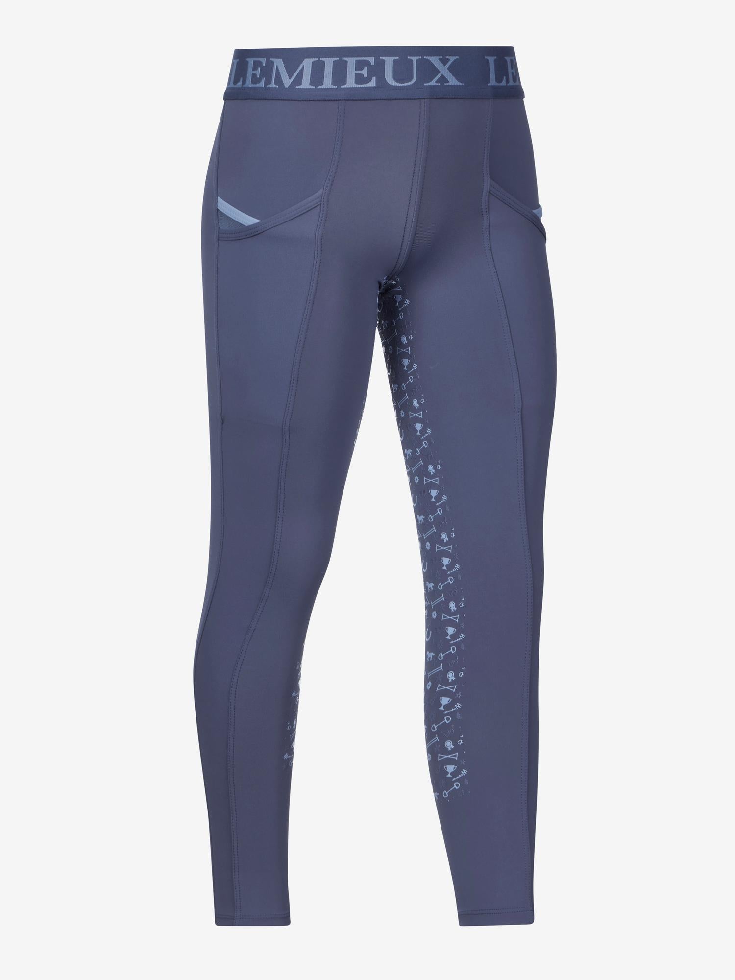 LeMieux Mini Pull On Breech in Shadow with elastic logo waistband, side pockets, and silicone knee grip print