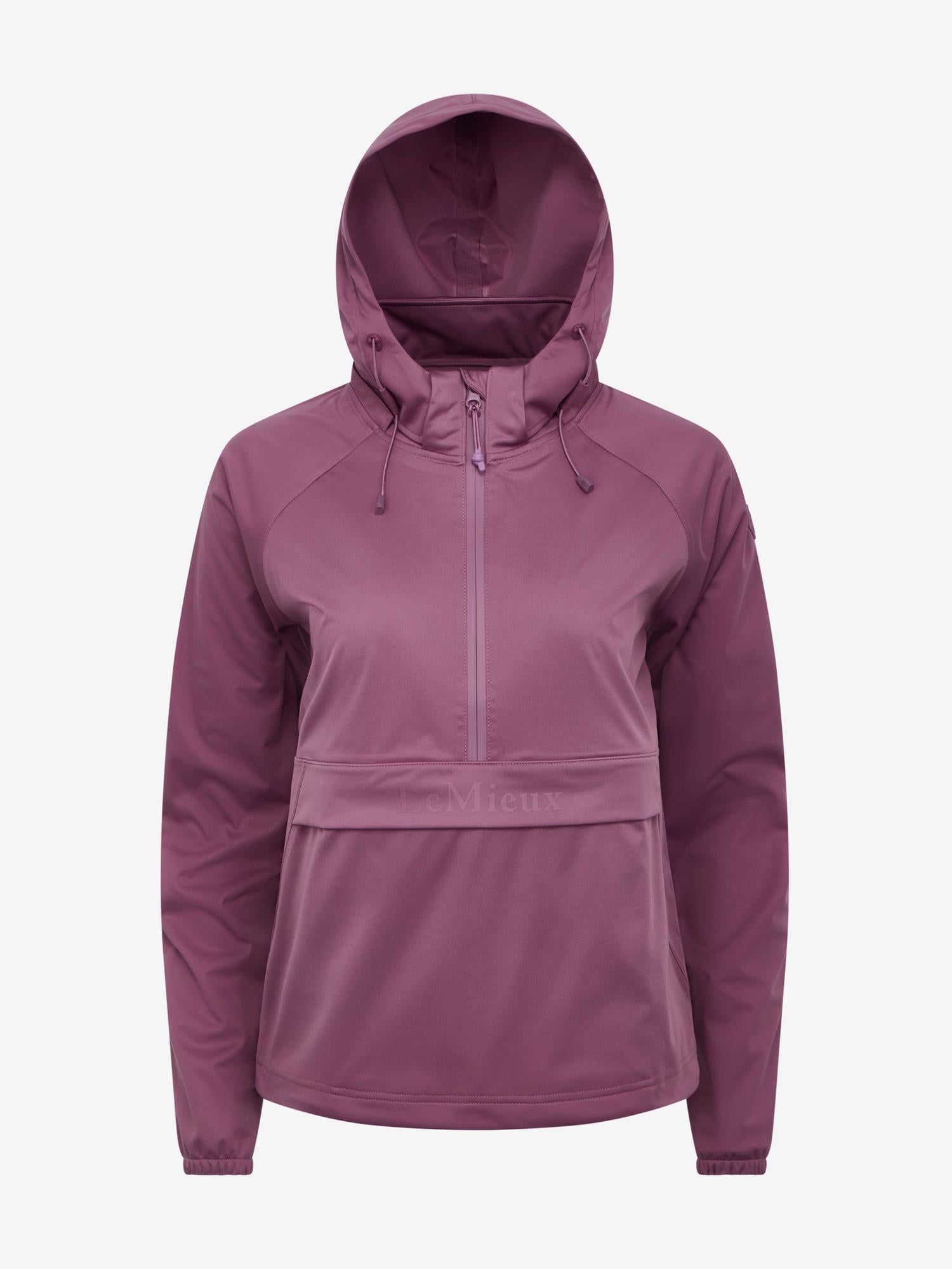 LeMieux Perri Half Zip Waterproof Jacket in Mallow with hood, half zip front, and large front pouch pocket.