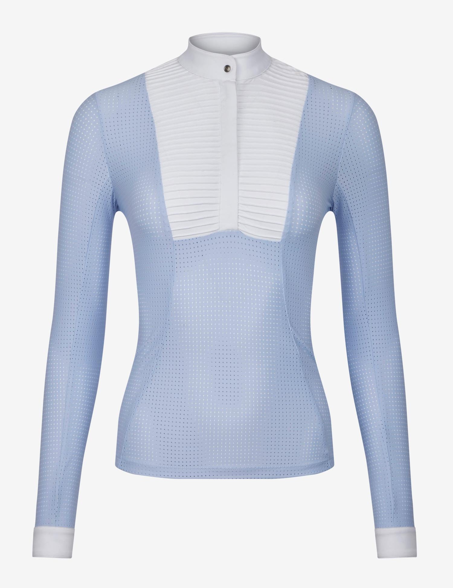 LeMieux Arielle Long Sleeve Show Shirt in Mist with white stand collar, button placket, and pleated bib front