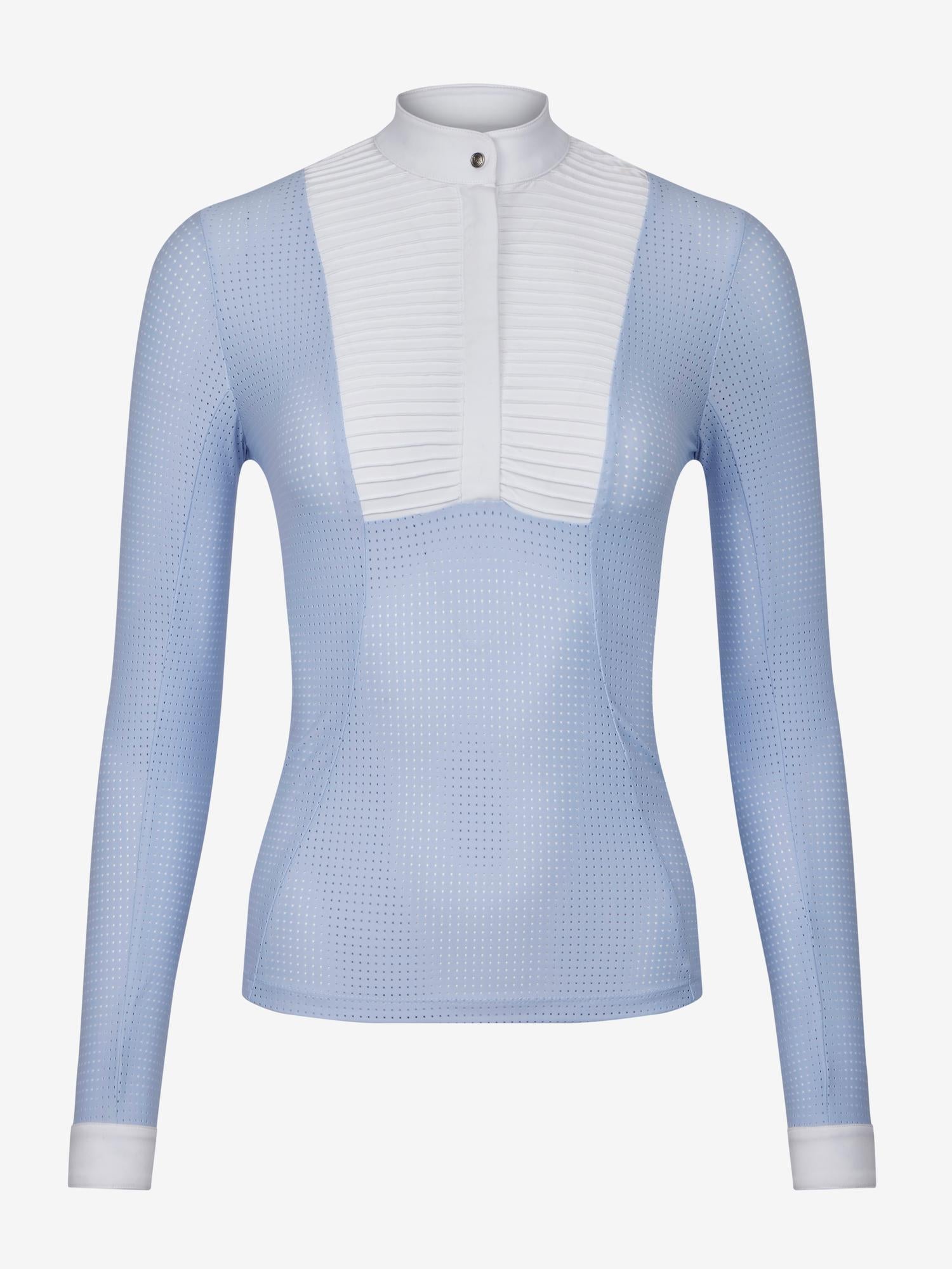 LeMieux Arielle Long Sleeve Show Shirt in Mist with white stand collar, button placket, and pleated bib front