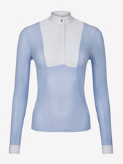 LeMieux Arielle Long Sleeve Show Shirt in Mist with white stand collar, button placket, and pleated bib front