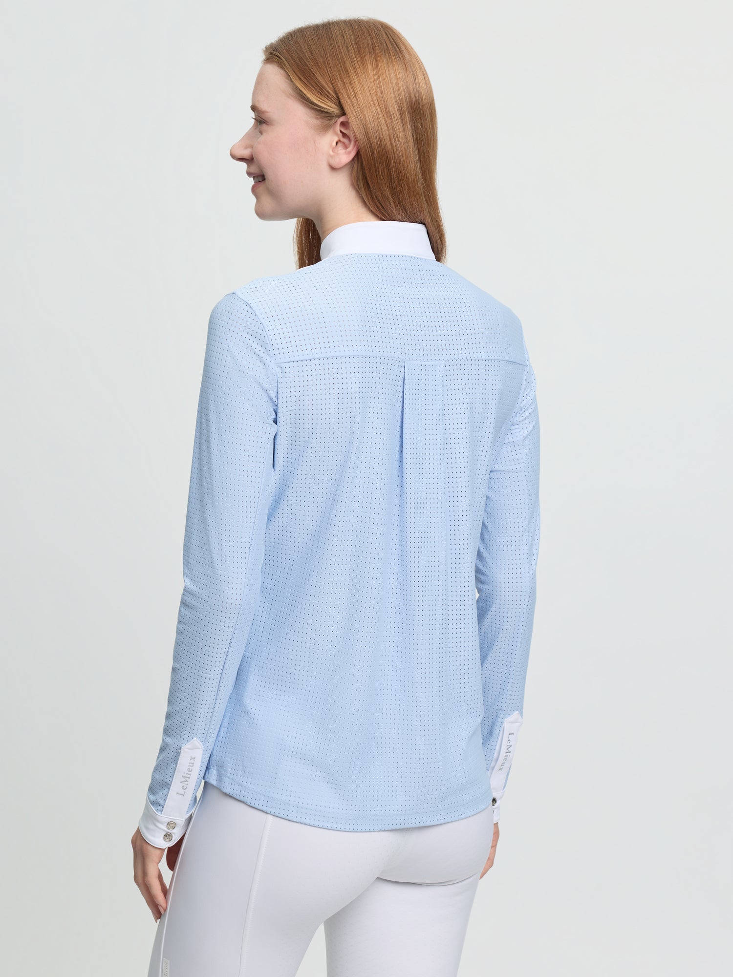Back view of LeMieux Arielle Long Sleeve Show Shirt in Mist with white collar and button cuffs