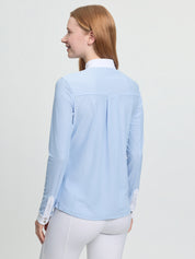 Back view of LeMieux Arielle Long Sleeve Show Shirt in Mist with white collar and button cuffs