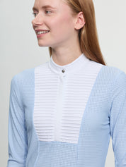 Model wearing LeMieux Arielle Long Sleeve Show Shirt in Mist with white stand collar and pleated bib front