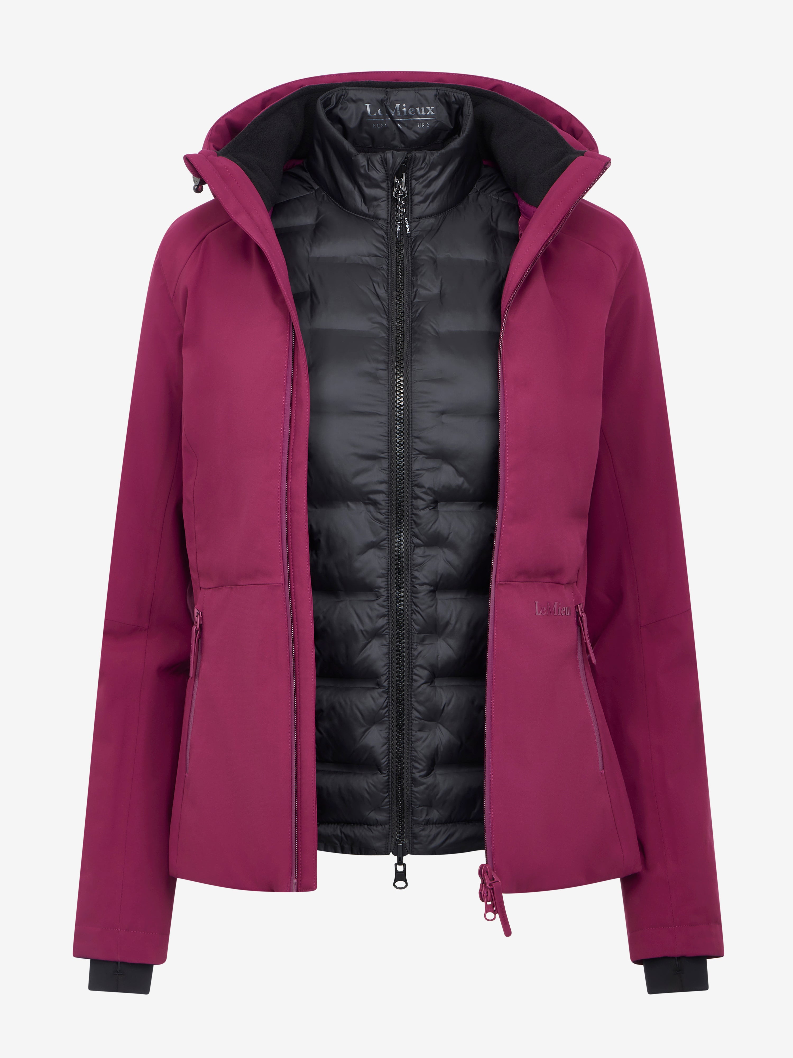 Front view of Blackberry LeMieux Brooke Waterproof Hybrid Jacket on a white background