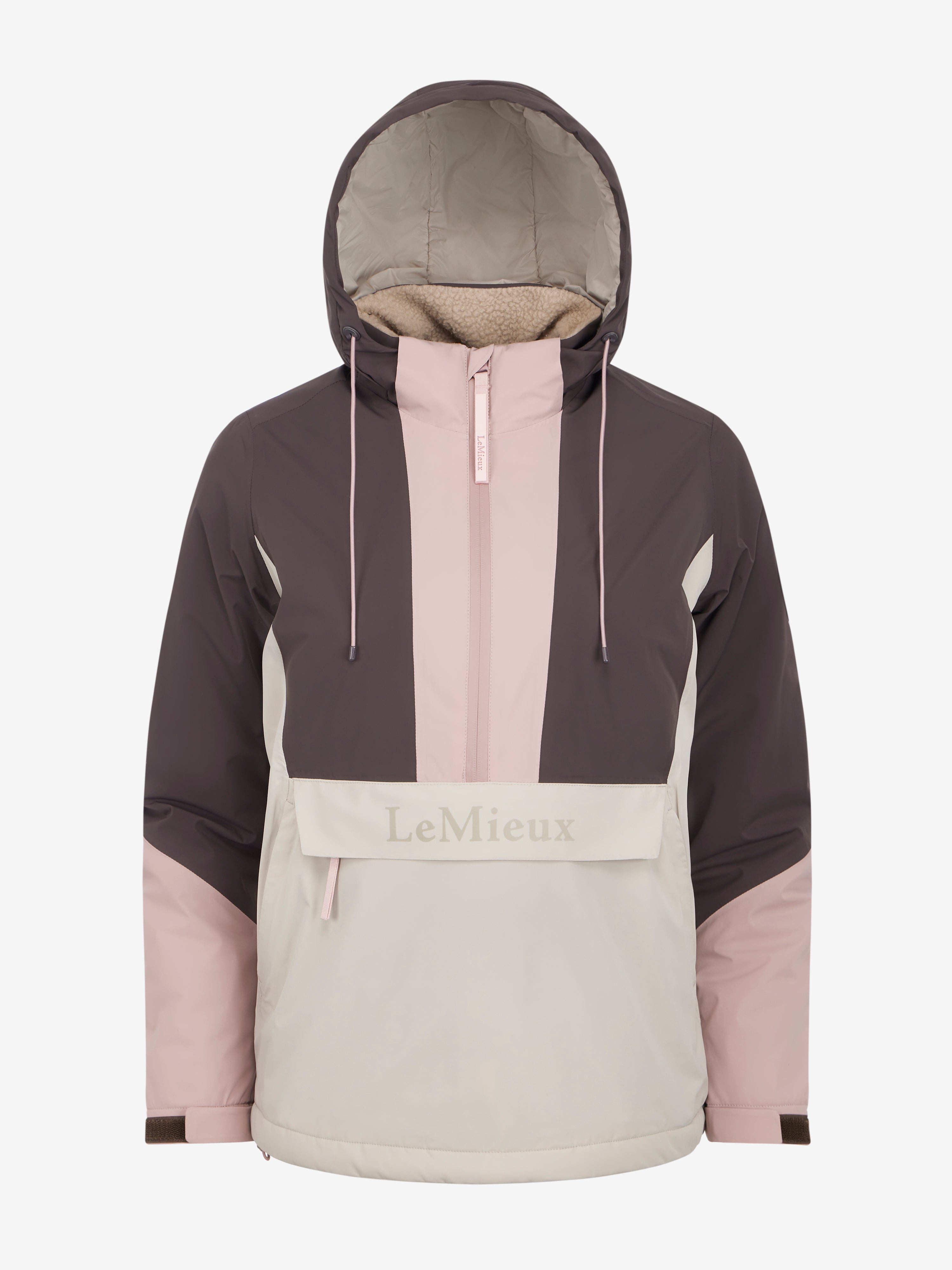 Front view of Wild Rose LeMieux Phoebe Half Zip Waterproof Anorak on a light pink background