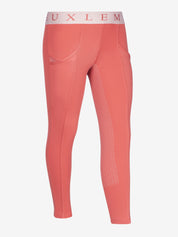 LeMieux Mini Pull On Breech in Spiced Earth with elastic logo waistband, side pockets, and silicone knee grip print