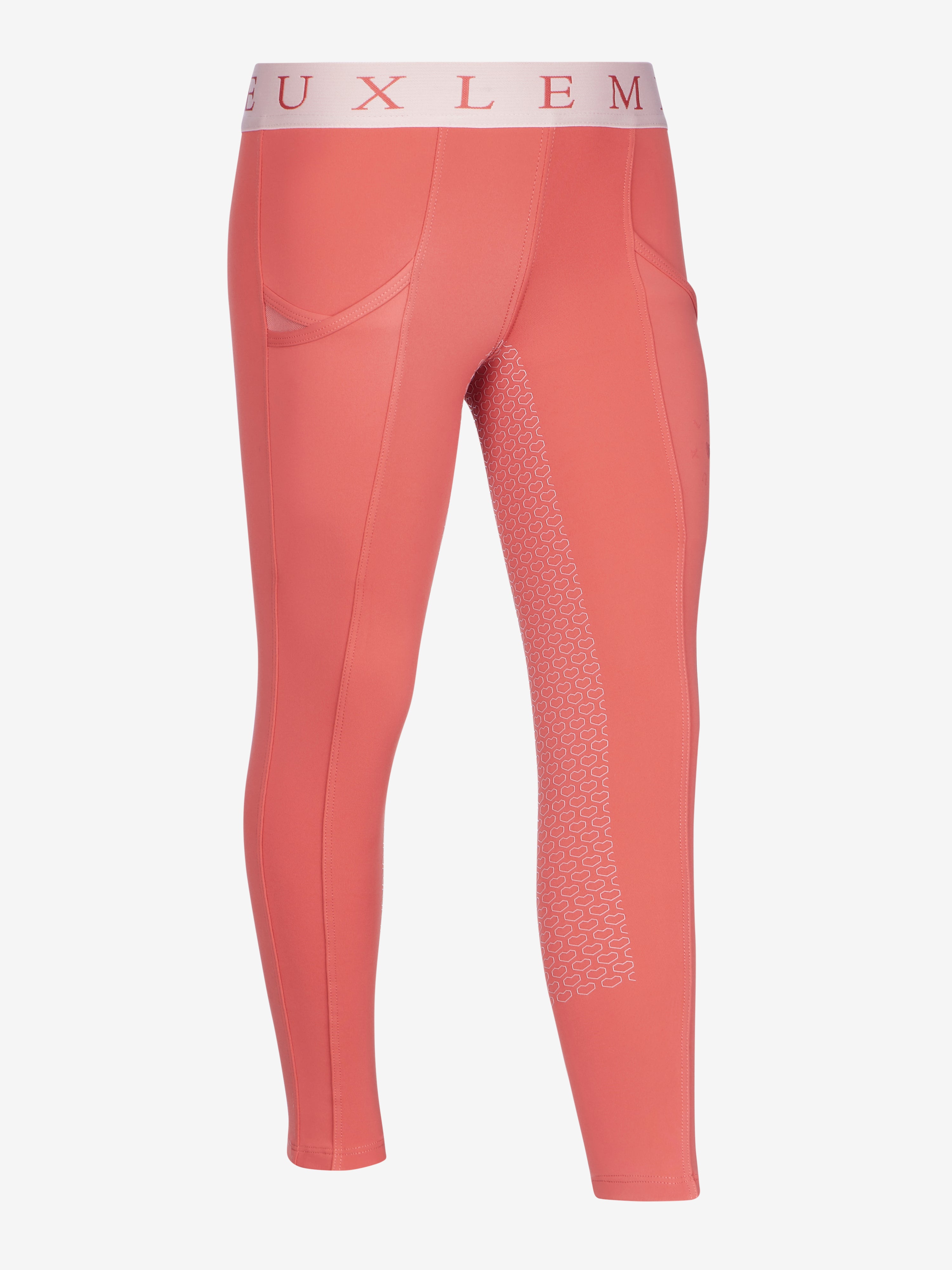 LeMieux Mini Pull On Breech in Spiced Earth with elastic logo waistband, side pockets, and silicone knee grip print