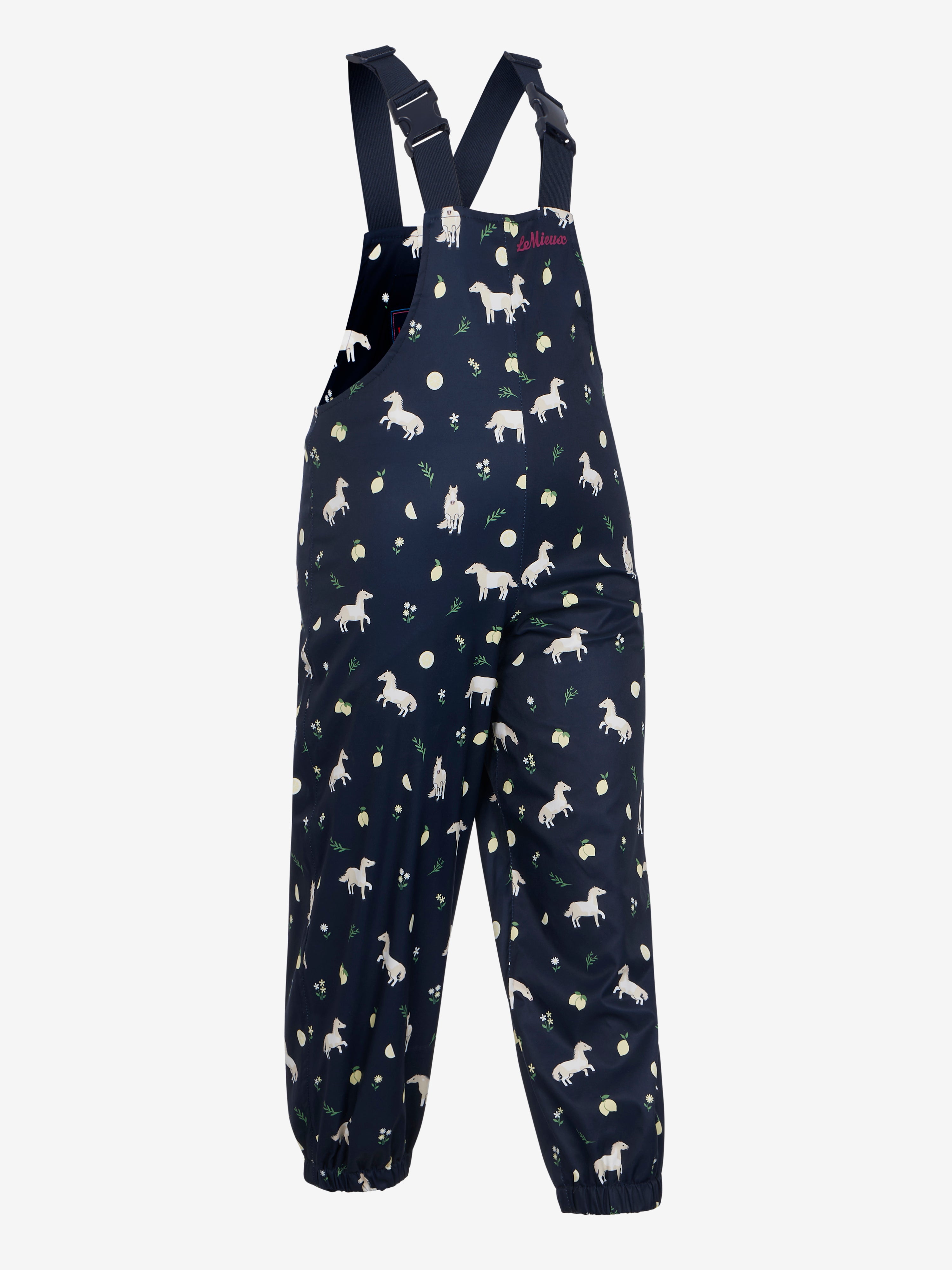 Front view of Navy LeMieux Mini Pippin Splash Dungarees on a plain background