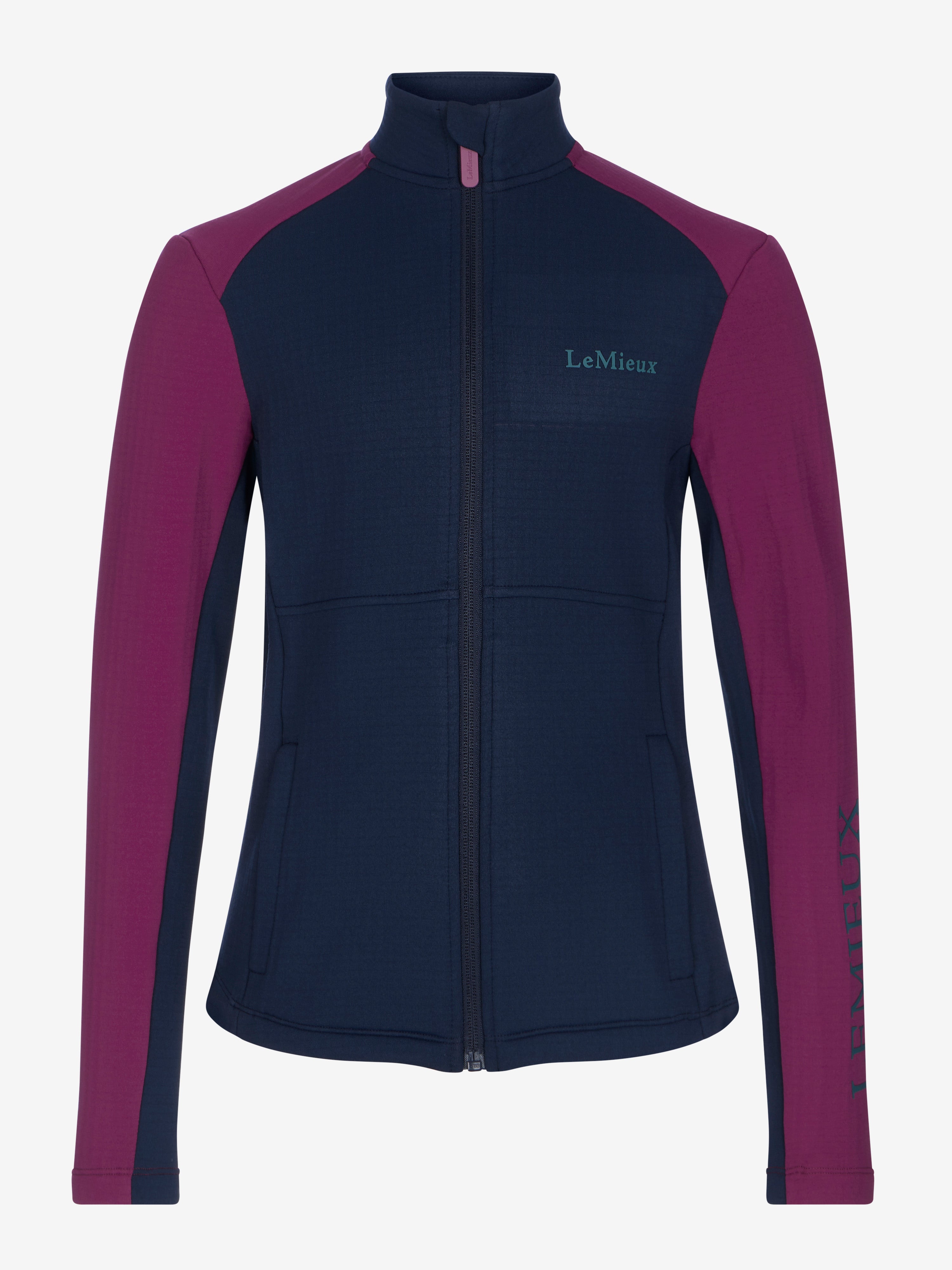 Front view of Blackberry LeMieux Young Rider Bethany Fleece Zip Through on a plain background