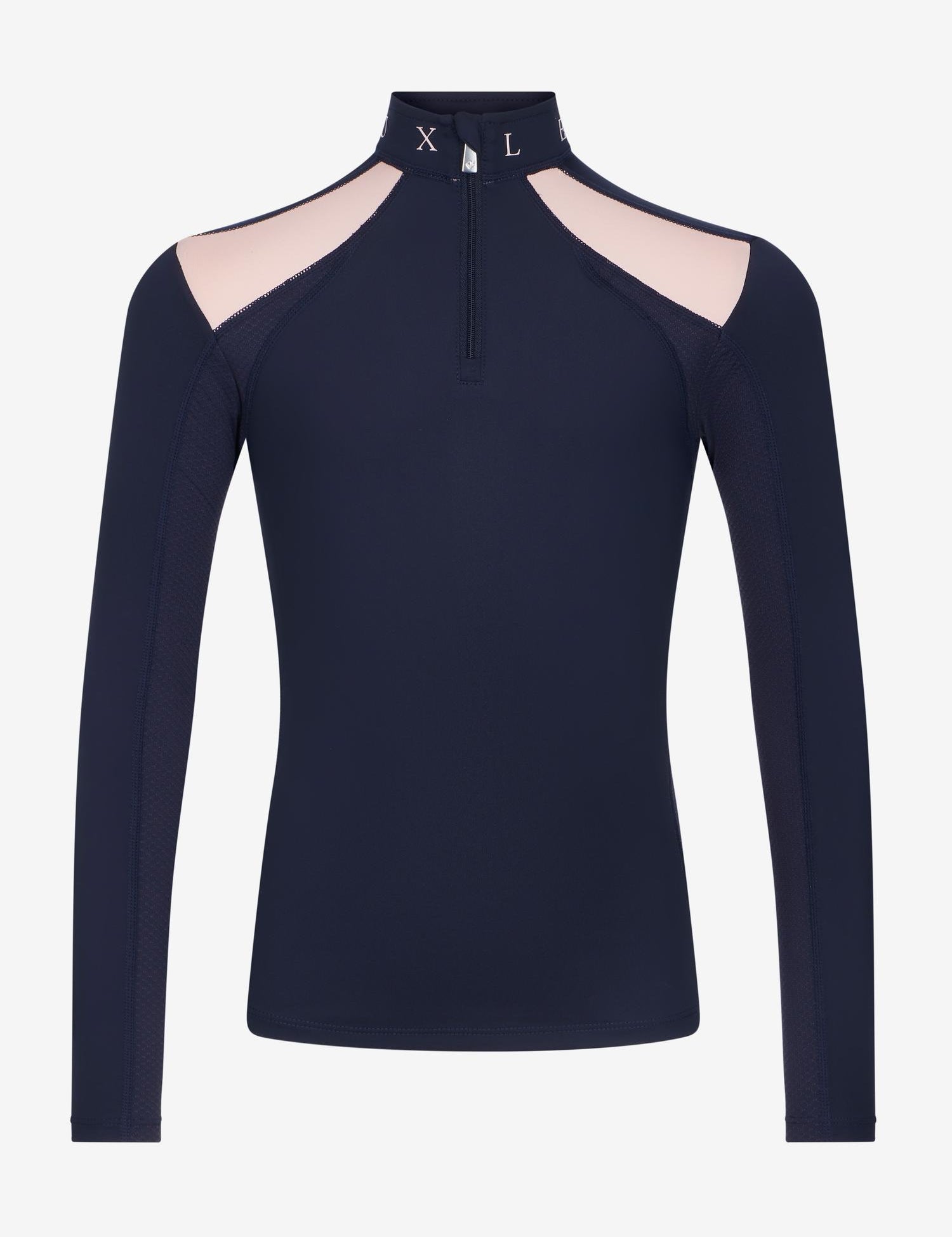 Front view of the Navy LeMieux Young Rider Mia Mesh Long Sleeve Base Layer on a white background