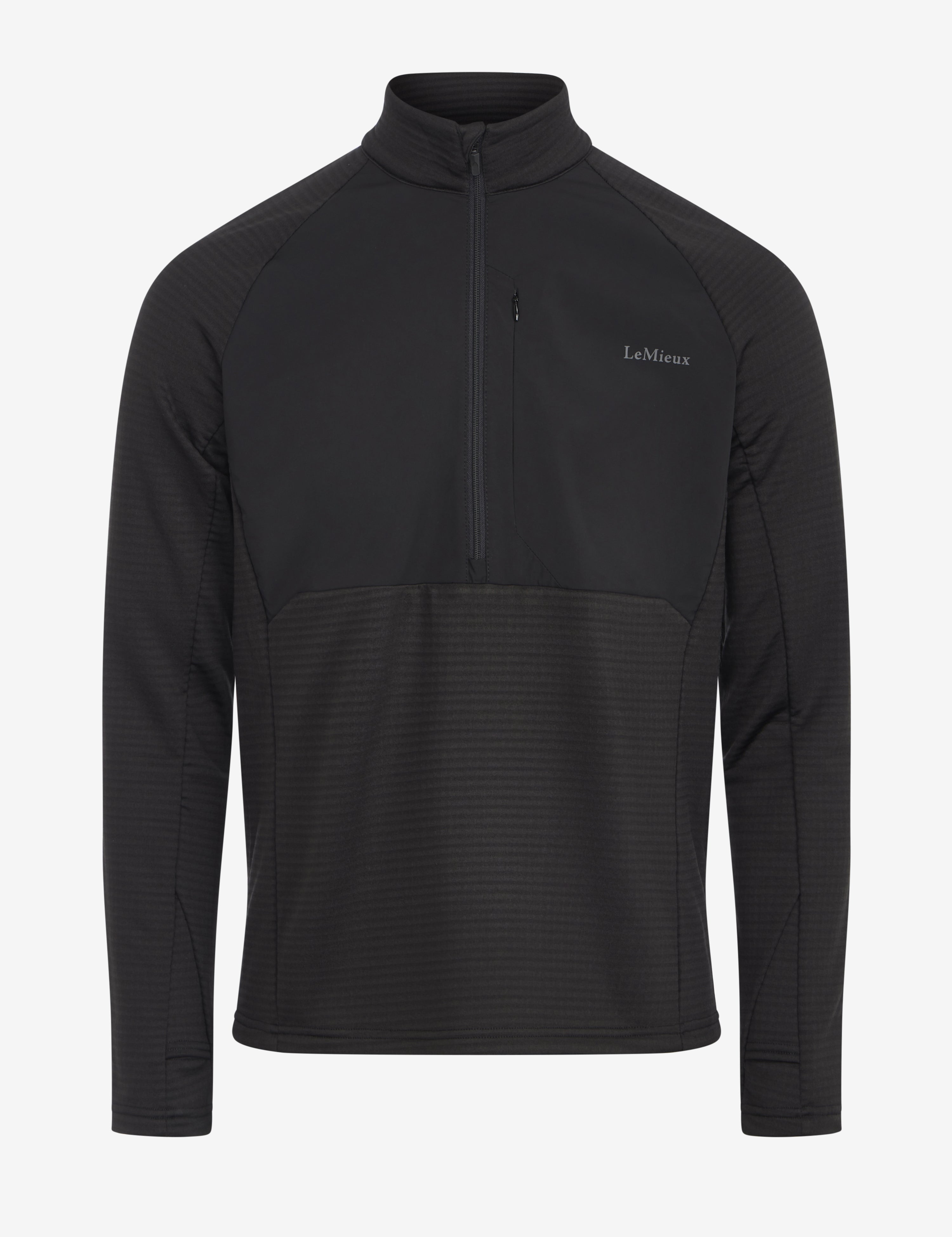 Front view of the Black LeMieux Men's Quarter Zip Mid Layer on a white background