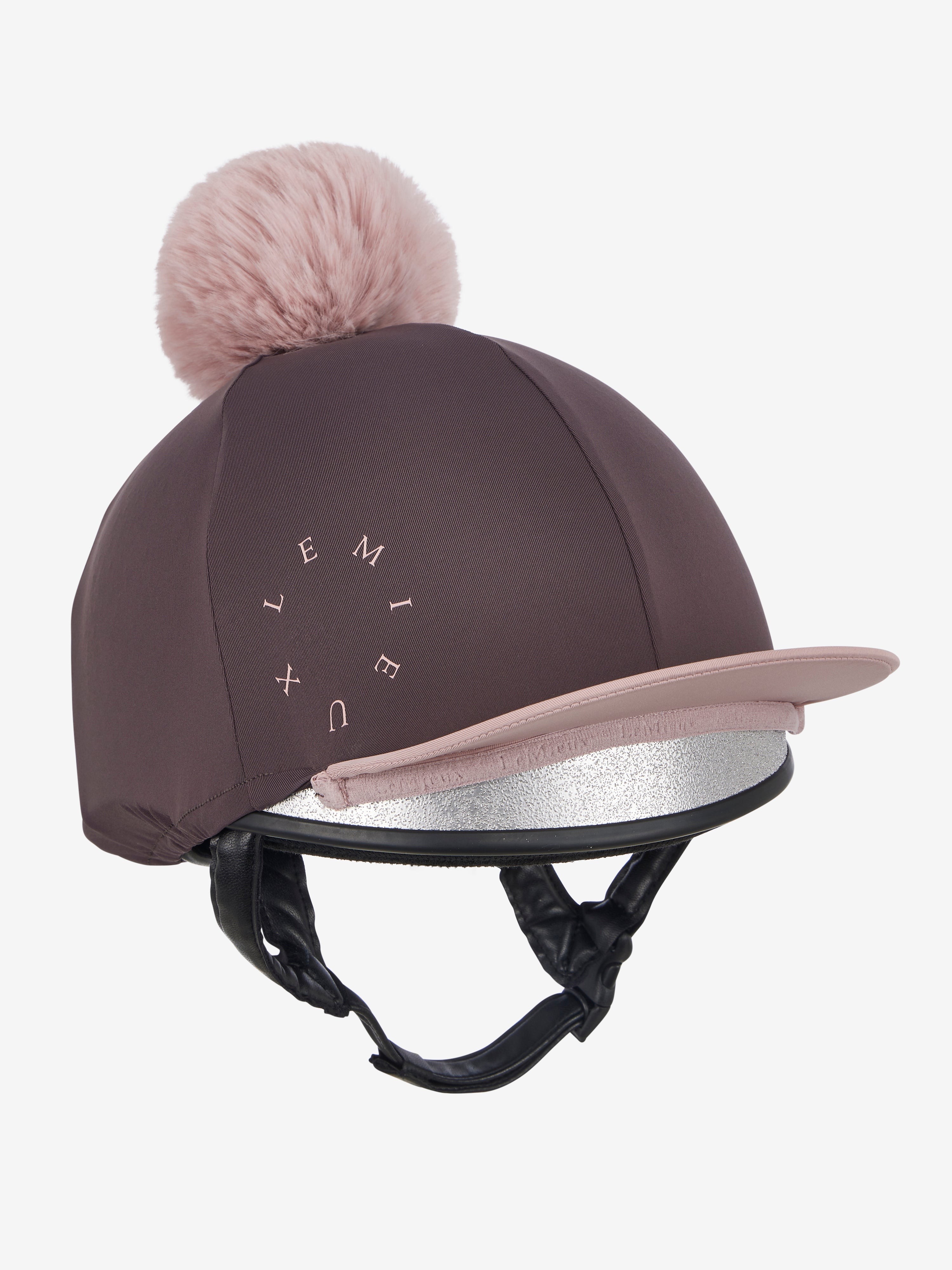 Angled front view of the Blackberry LeMieux Classique Pom Hat Silk on a white background