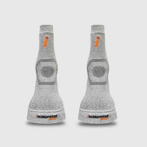 Front view of a pair of grey Incrediwear Circulation Hoof Socks on a plain background