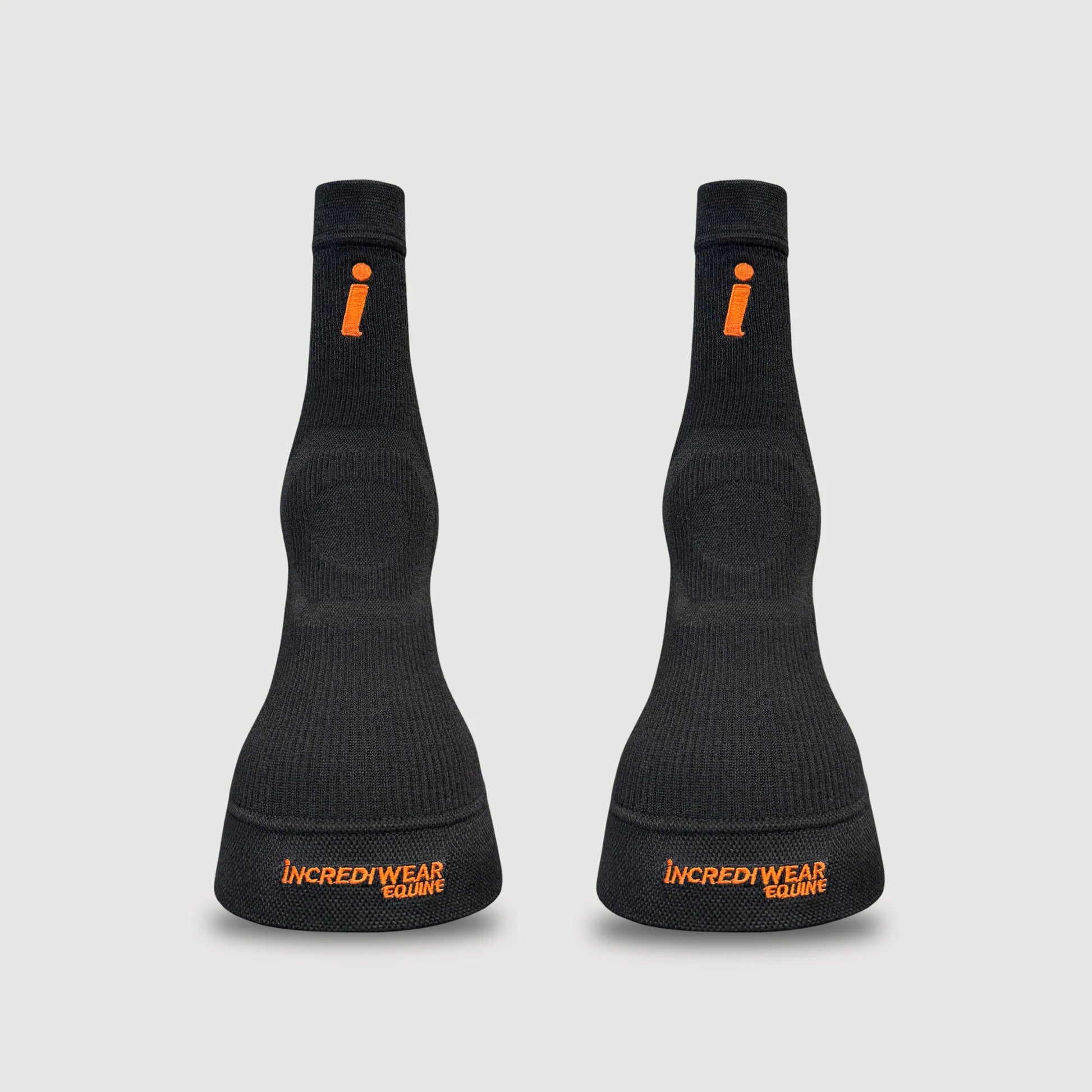 Front view of a pair of black Incrediwear Circulation Hoof Socks on a plain background