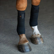 Close-up front view of a horse wearing a pair of black Incrediwear Circulation Exercise Bandages