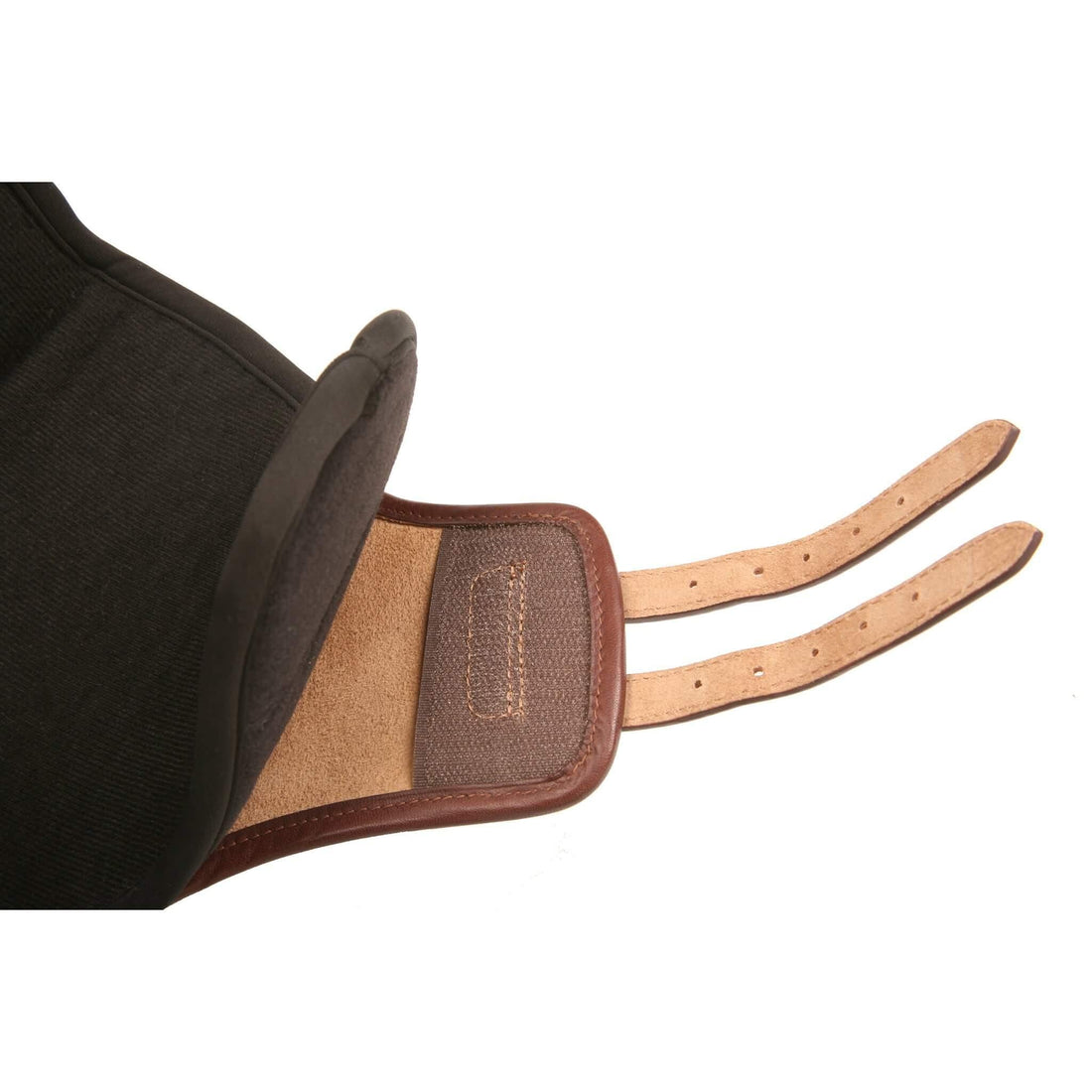 Close-up view of the adjustable straps for the havana Majyk Equipe 100% Leather Tendon Boots with Buckles on a white background