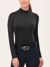 Front view of woman wearing the RJ Classics Jemma Mock Neck Shirt in black