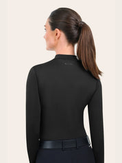 Back view of woman wearing the RJ Classics Jemma Mock Neck Shirt in black