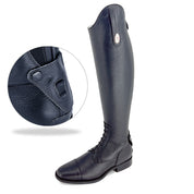 Angled front view and close-up view of the spur rest on the DeNiro Amabile Quick 02 Black Field Boots on a plain background