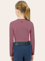 Back view of a young model wearing the purpley red RJ Classics Jordyn Jr. Crewneck Shirt on a white background