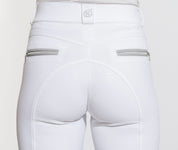 Close-up back view of a model wearing the white KL Select Gabrielle Full Seat Breech on a white background
