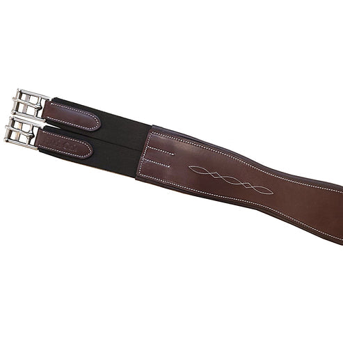 View of the brown KL Select Black Oak Eco Fancy Hunter Girth with fancy stitiching on a white background
