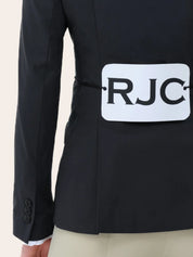 Close-up back view of a young female model wearing the black RJ Classics Legacy Lite Jr Show Coat with RJC competition number tavard on a plain background