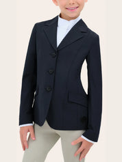 Front view of a young female model wearing the black RJ Classics Legacy Lite Jr Show Coat on a plain background