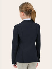 Back view of a young female model wearing the black RJ Classics Legacy Lite Jr Show Coat on a plain background