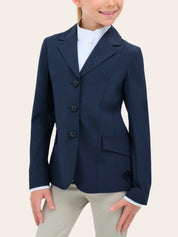 Front view of a young female model wearing the navy RJ Classics Legacy Lite Jr Show Coat on a plain background