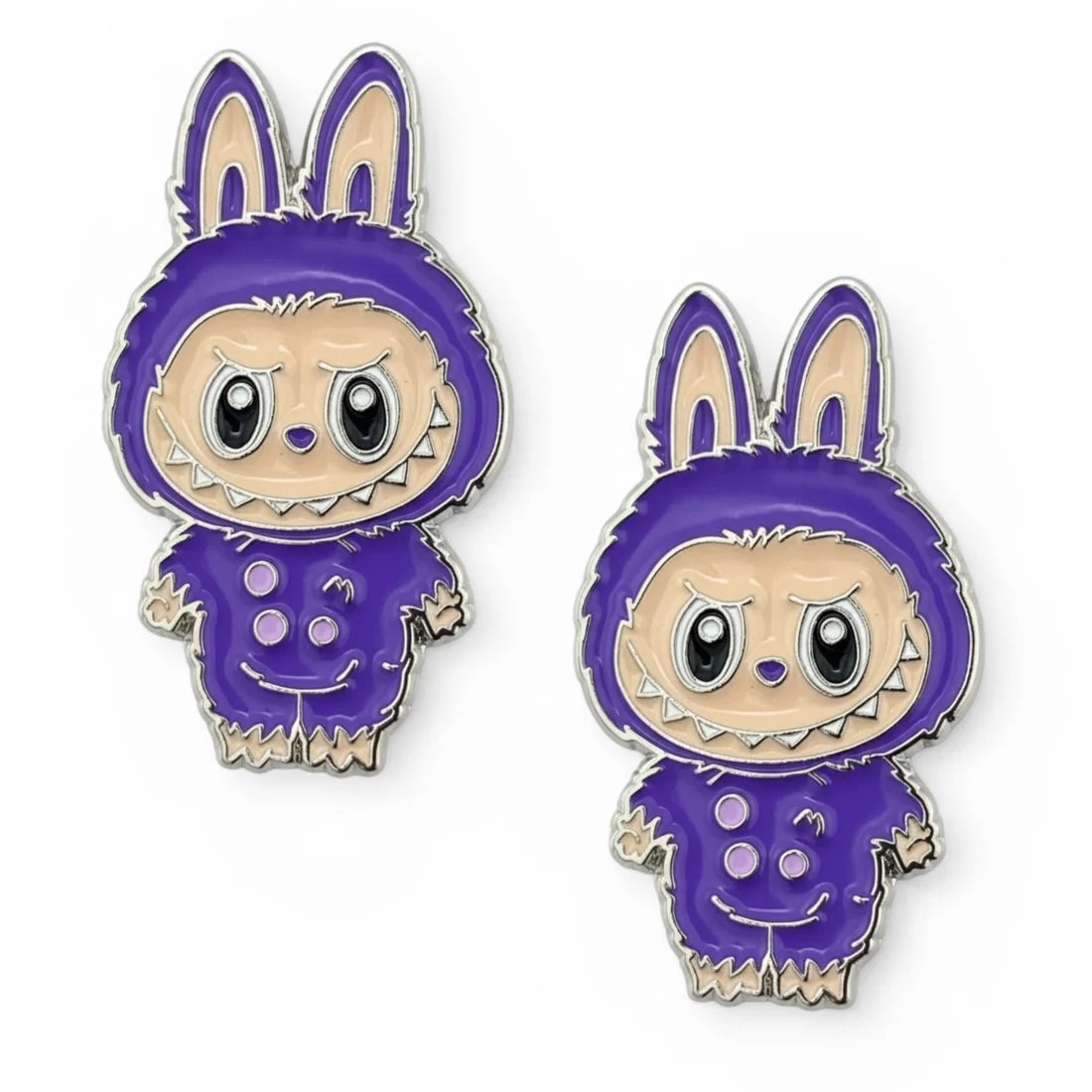 Front view of a pair of Labubu Dubois Cheval Number Pin Charm on a white background