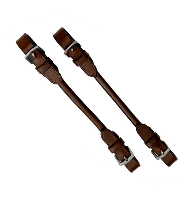 Front view of a pair of brown Camelot Leather Bit Converters on a white background