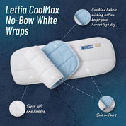Infographic showing the features of the Lettia CoolMax No-Bow Wraps on a blue background