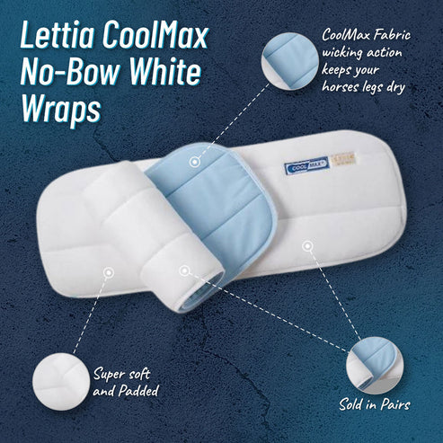 Infographic showing the features of the Lettia CoolMax No-Bow Wraps on a blue background