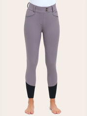 Front view of the RJ Classics Margot Luxe-Tek Breech in Purple Haze, featuring a high-rise waistband with double front buttons, belt loops, smooth stretch fabric, front pockets with contrast trim, and dark lower-leg panels, shown on a model against a plain light background.