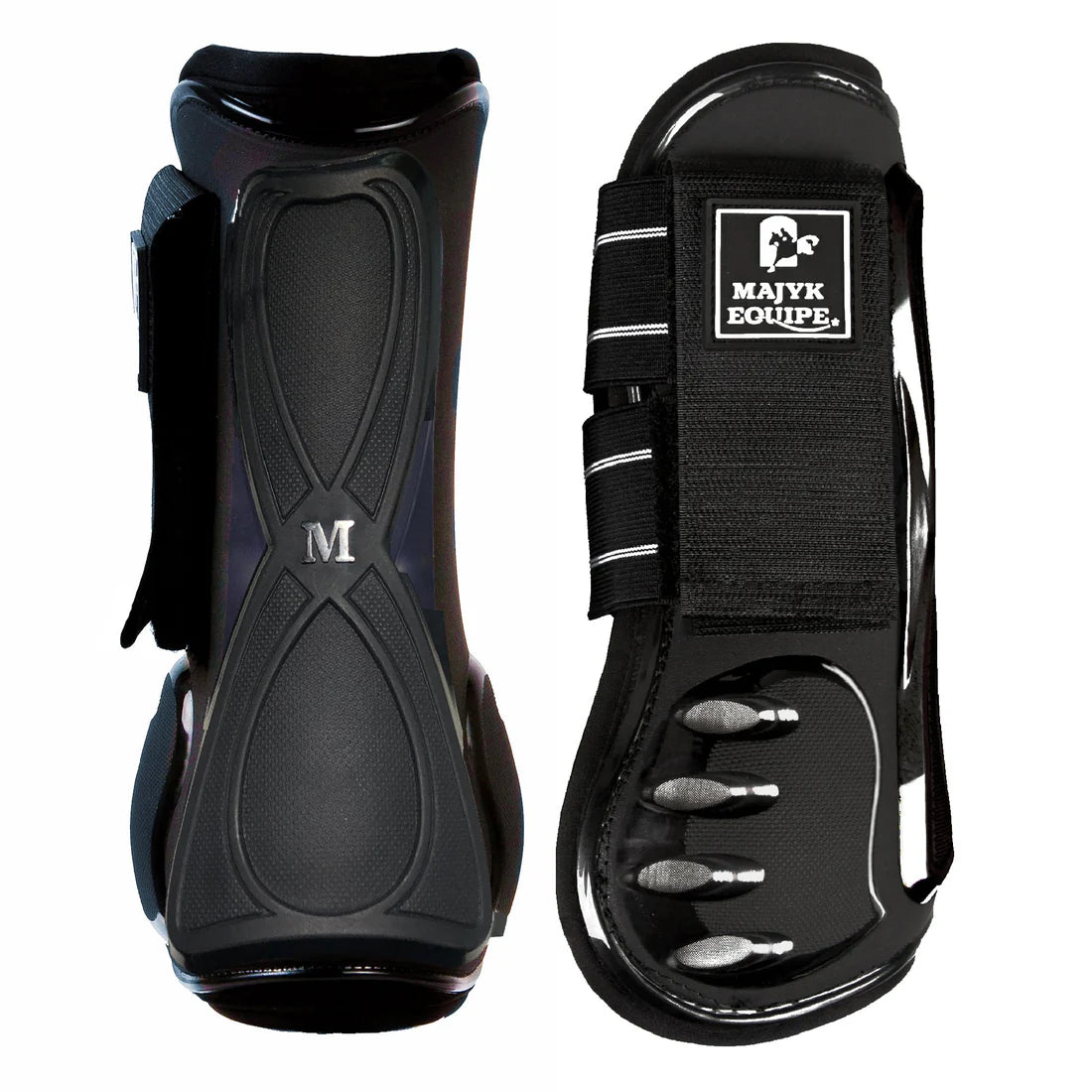Back and side views of a pair of Majyk Equipe Vented Infinity Open Front Tendon Jump Boot in black