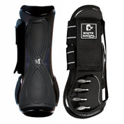 Back and side views of a pair of Majyk Equipe Vented Infinity Open Front Tendon Jump Boot in black